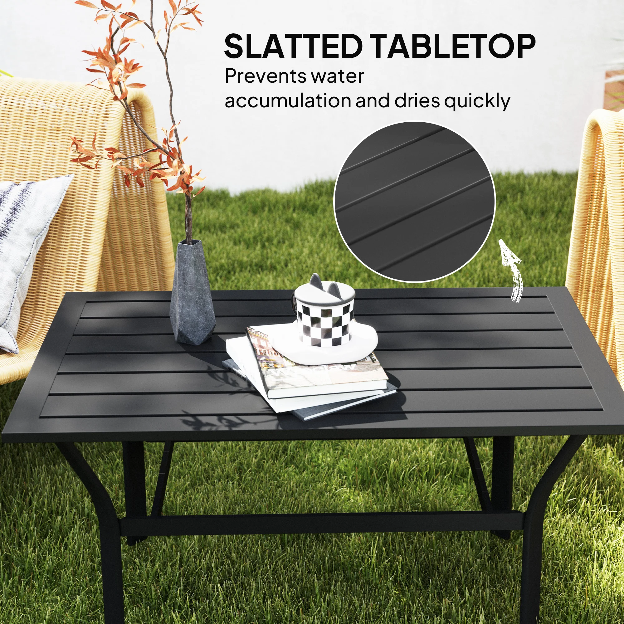 Mesa de centro para exteriores con tablero de lamas, mesa de centro metálica rectangular para jardín... - Image 4