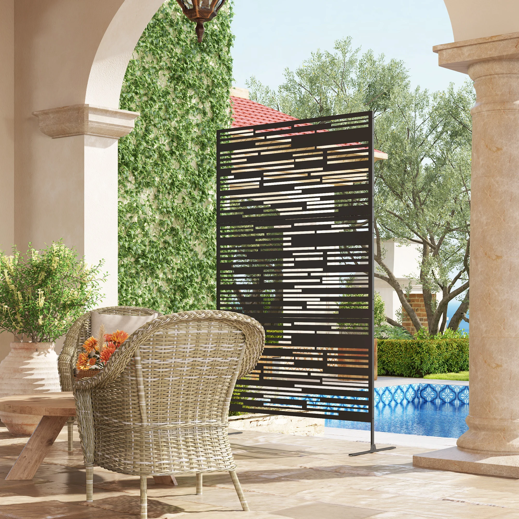 78" H x 48" B Metall Sichtschutz, freistehend, dekorativ, für Balkon, Schwarz – Bild 6