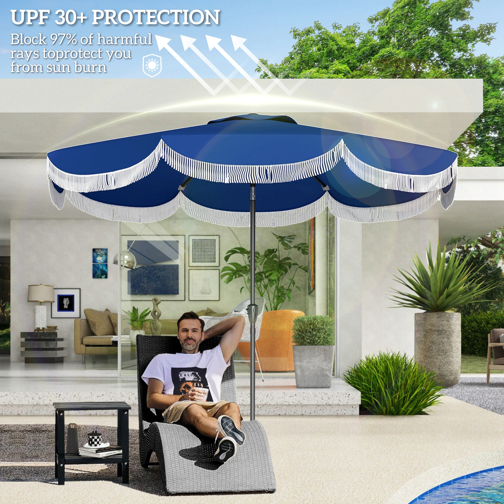 9FT Terrassenschirm, UPF 30+, Kurbel, 8 Streben, Kippfunktion, belüftet, Navy... – Bild 5