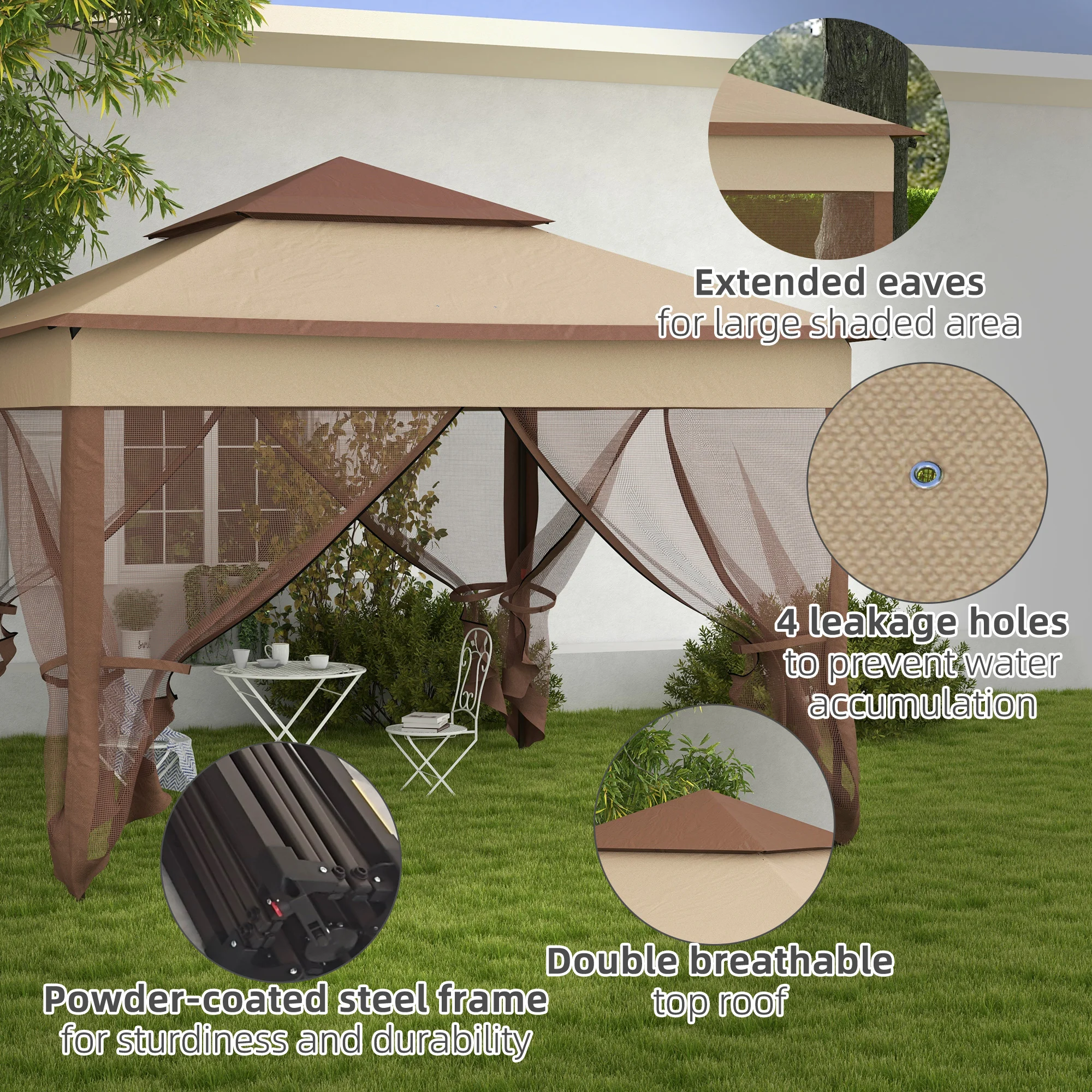 Outdoor-Pavillon mit Reißverschlussnetz, Tragetasche, 11 x 11, Khaki – Bild 6