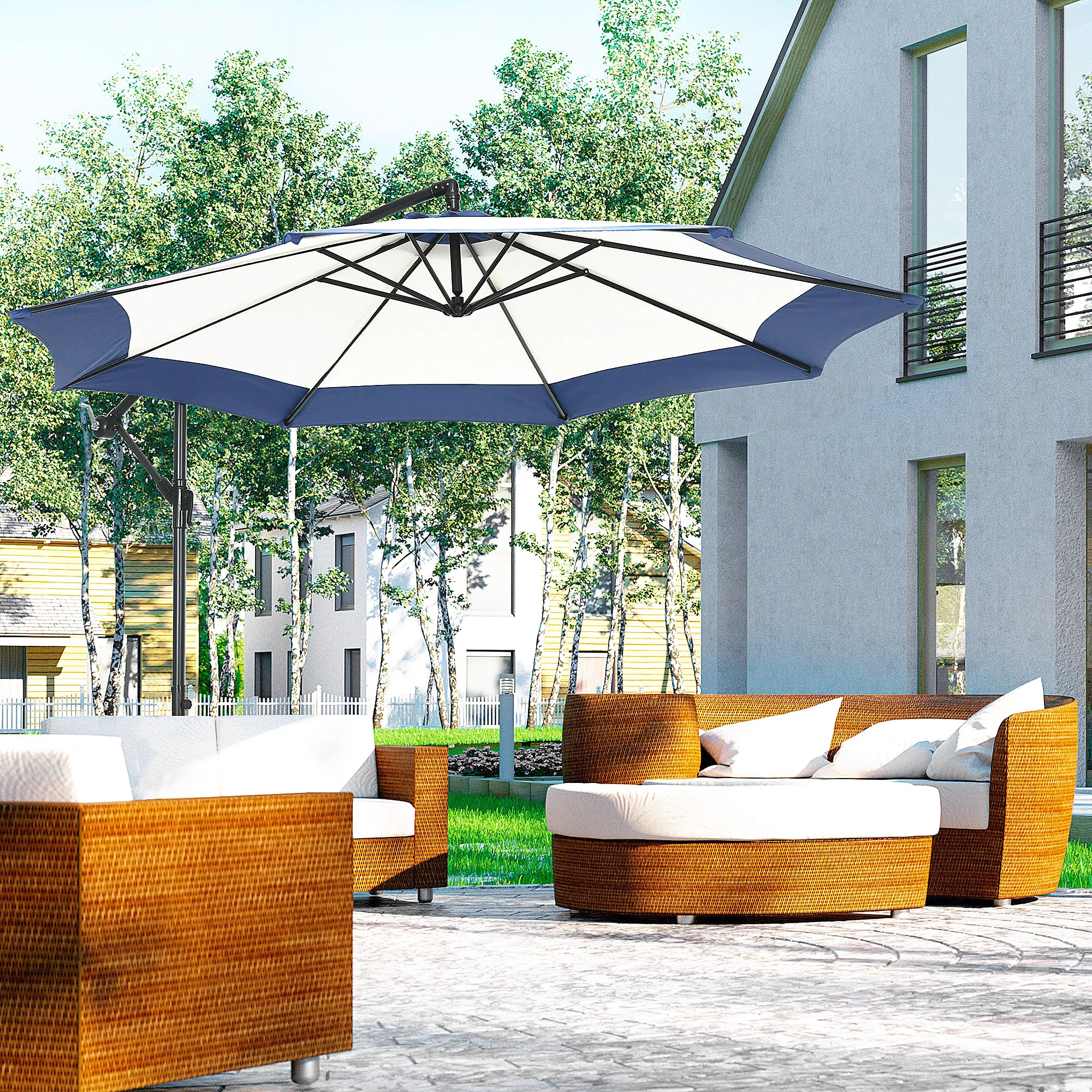 Sombrilla offset de 10 pies con manivela y base de cruz para terraza, jardín, piscina... – Image 3