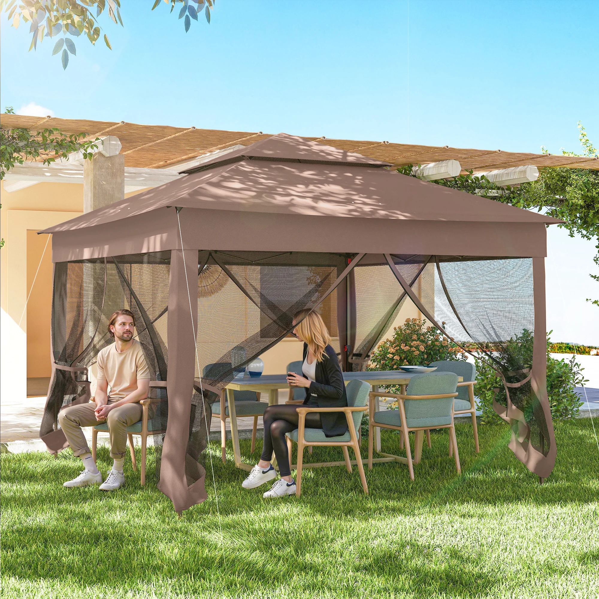 Outdoor-Pavillon mit Reißverschlussnetz, Tragetasche, 11 x 11, Braun – Bild 3