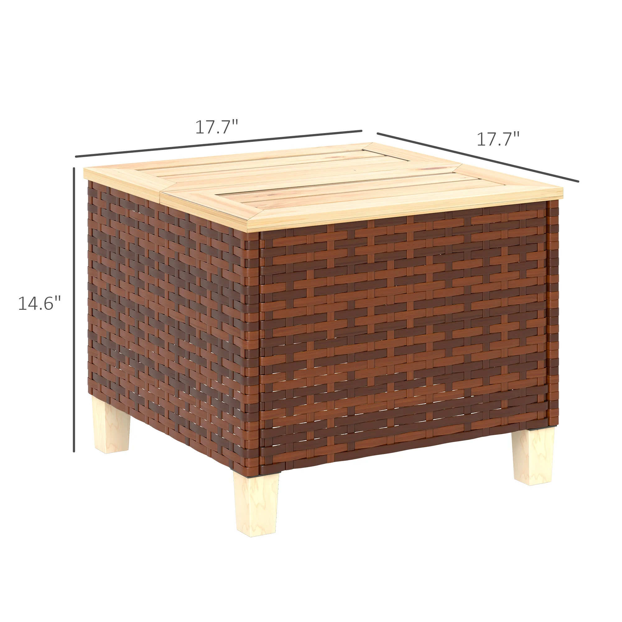 CampGlut Beistelltisch aus Kunststoff-Rattan und Kiefer für Outdoor-Bereiche.