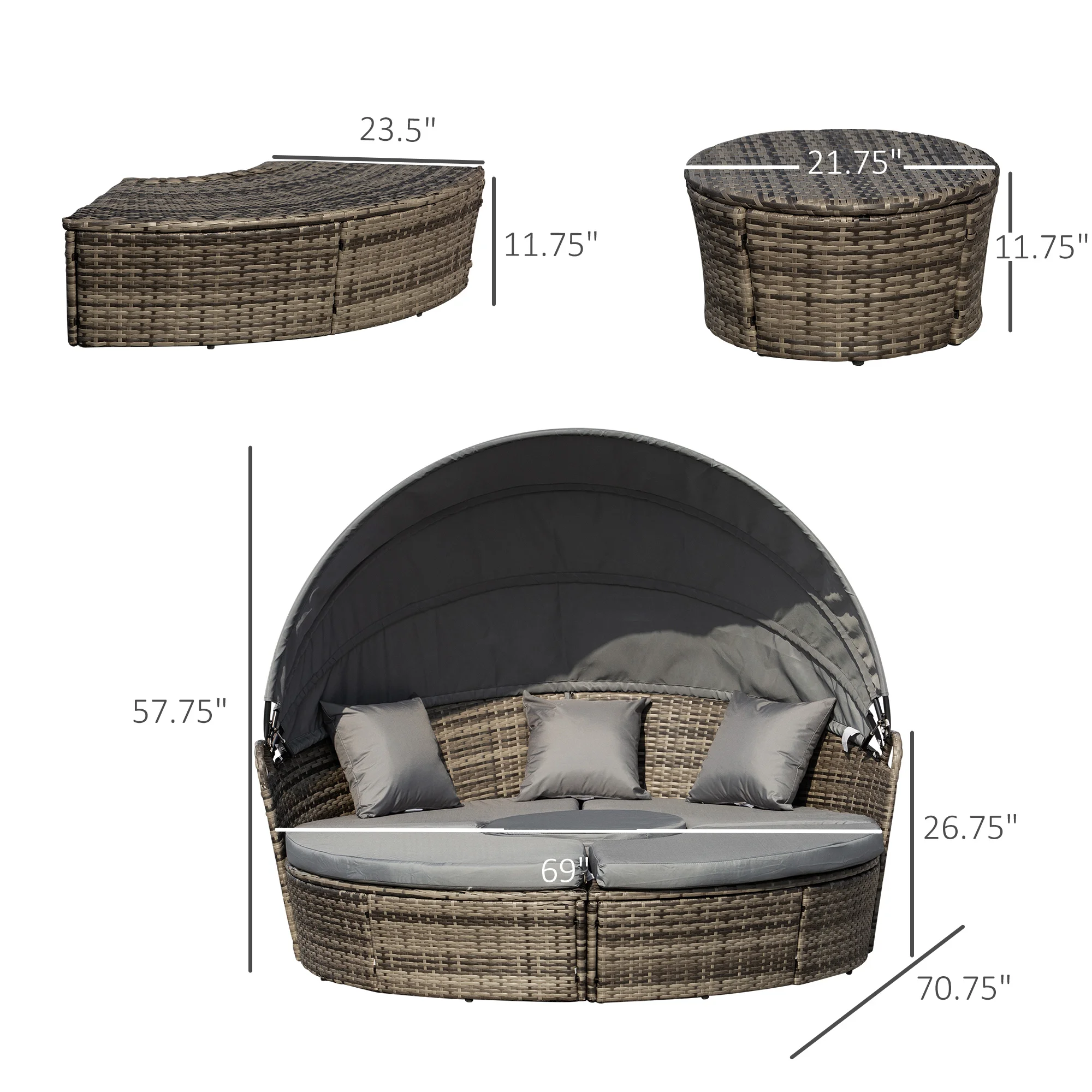 CampGlut PE-Rattan-Sofa-Set für Camping mit bequemen Sitzkissen und Liegefläche.