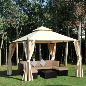 10 x 10 Stahl-Pavillon für den Außenbereich mit Polyester-Vorhang, Doppeldach...