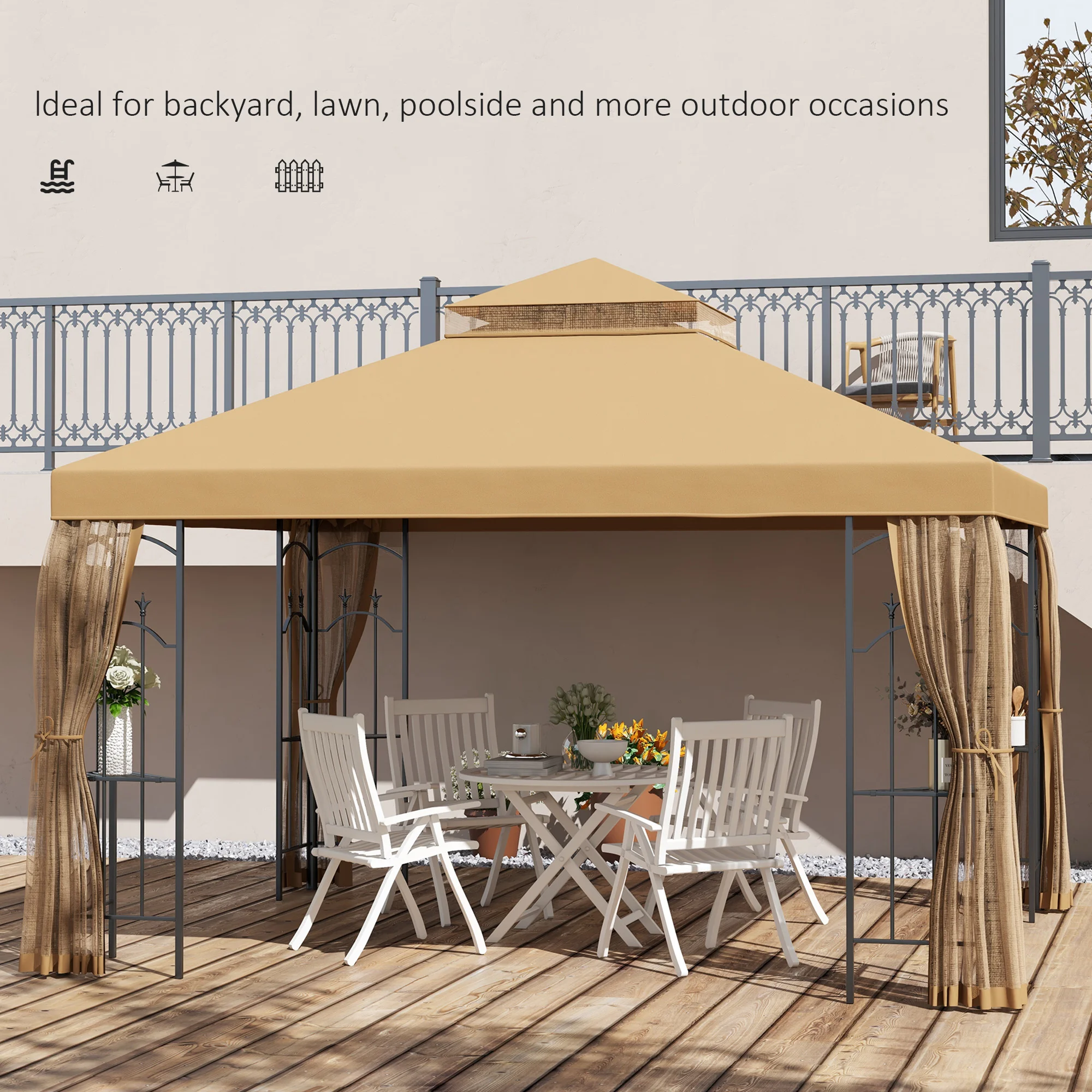 10 x 12 Terrassenpavillon mit Eckregalen, Doppeldach, Netzschutz, Braun – Bild 3