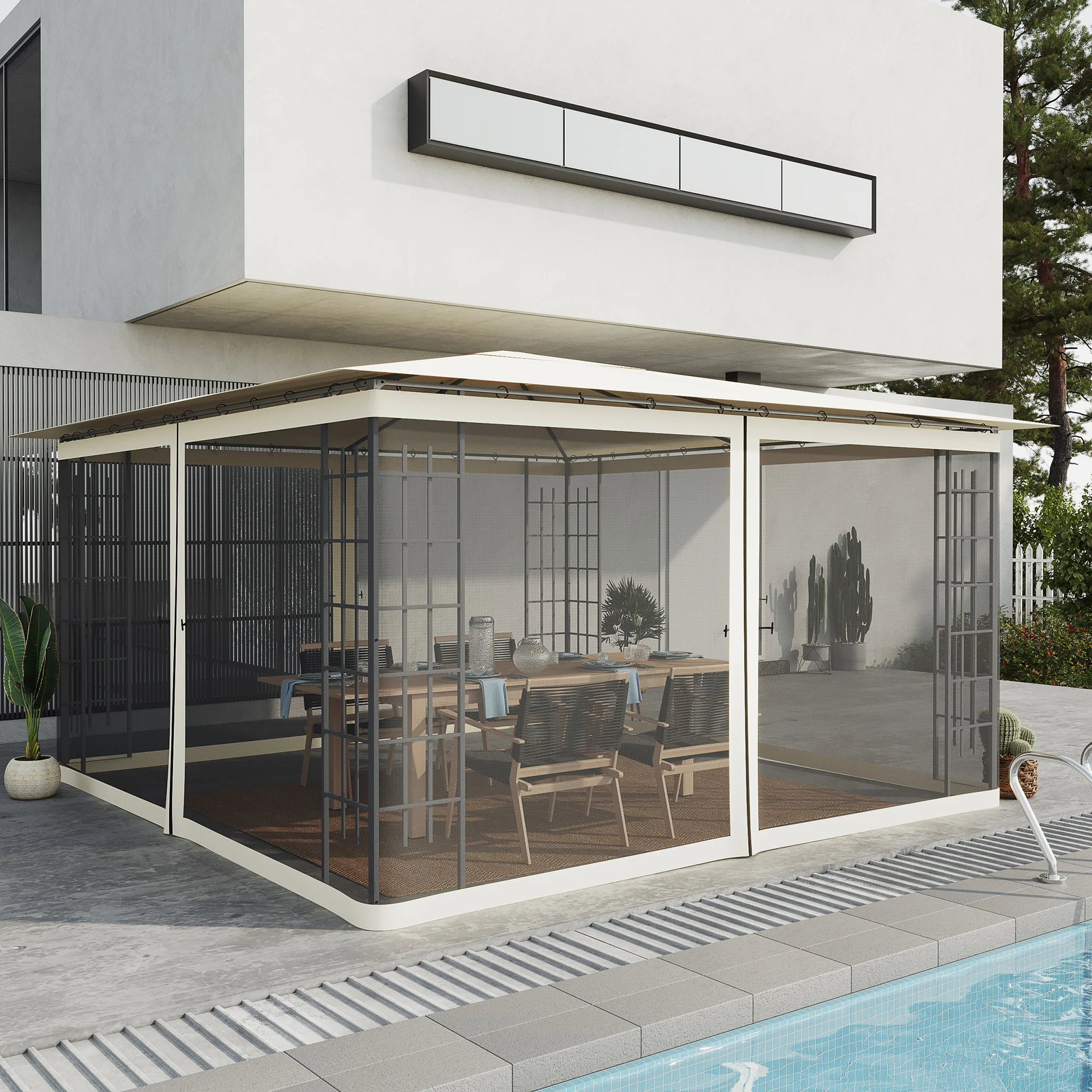 13x13 Pavillon Moskitonetz mit Reißverschluss, schwarze Ringe, Polyester, was... – Bild 3