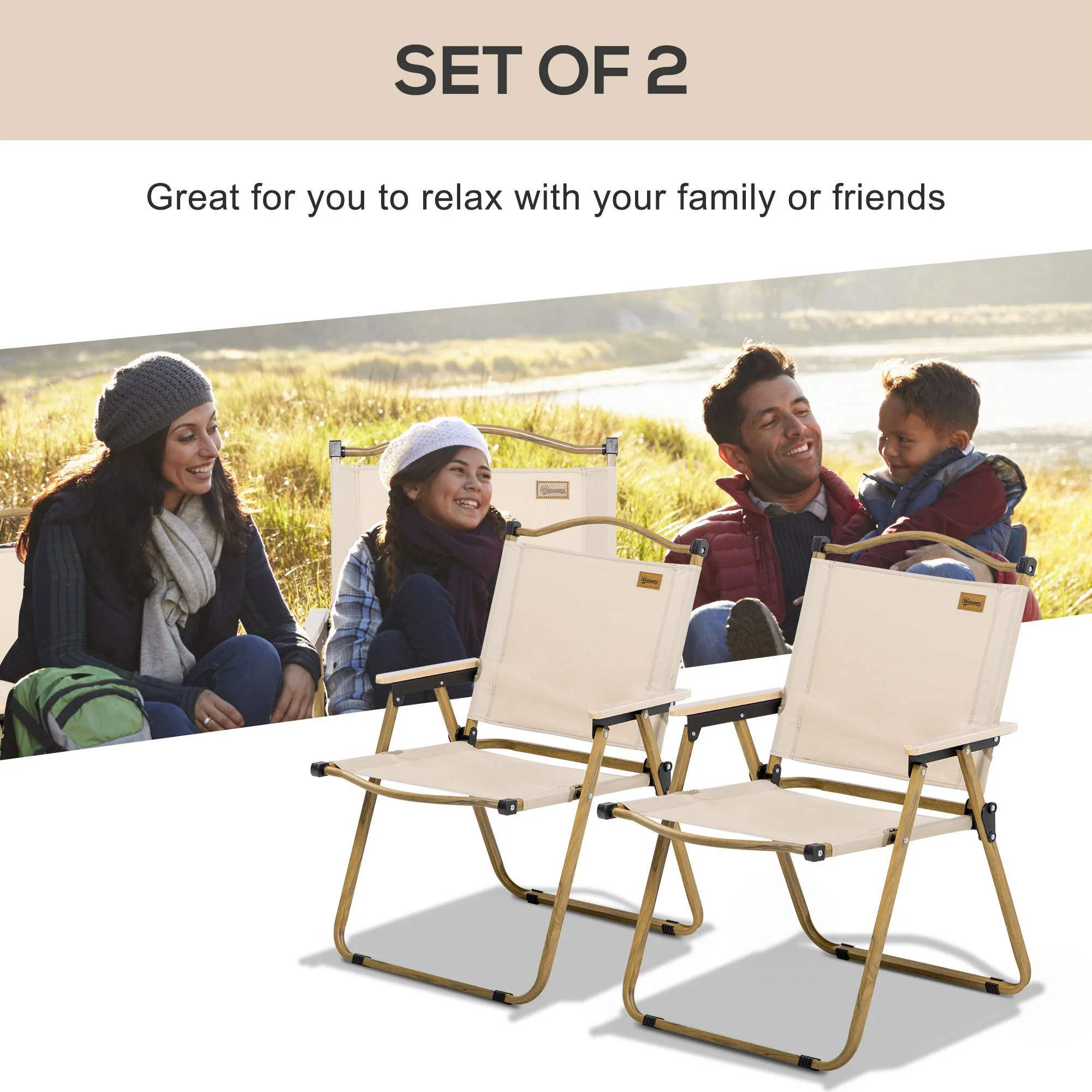 Set of 2 Folding Camping Chairs, Portable, Khaki, for Festivals, Fishing, Picnic – Image 6