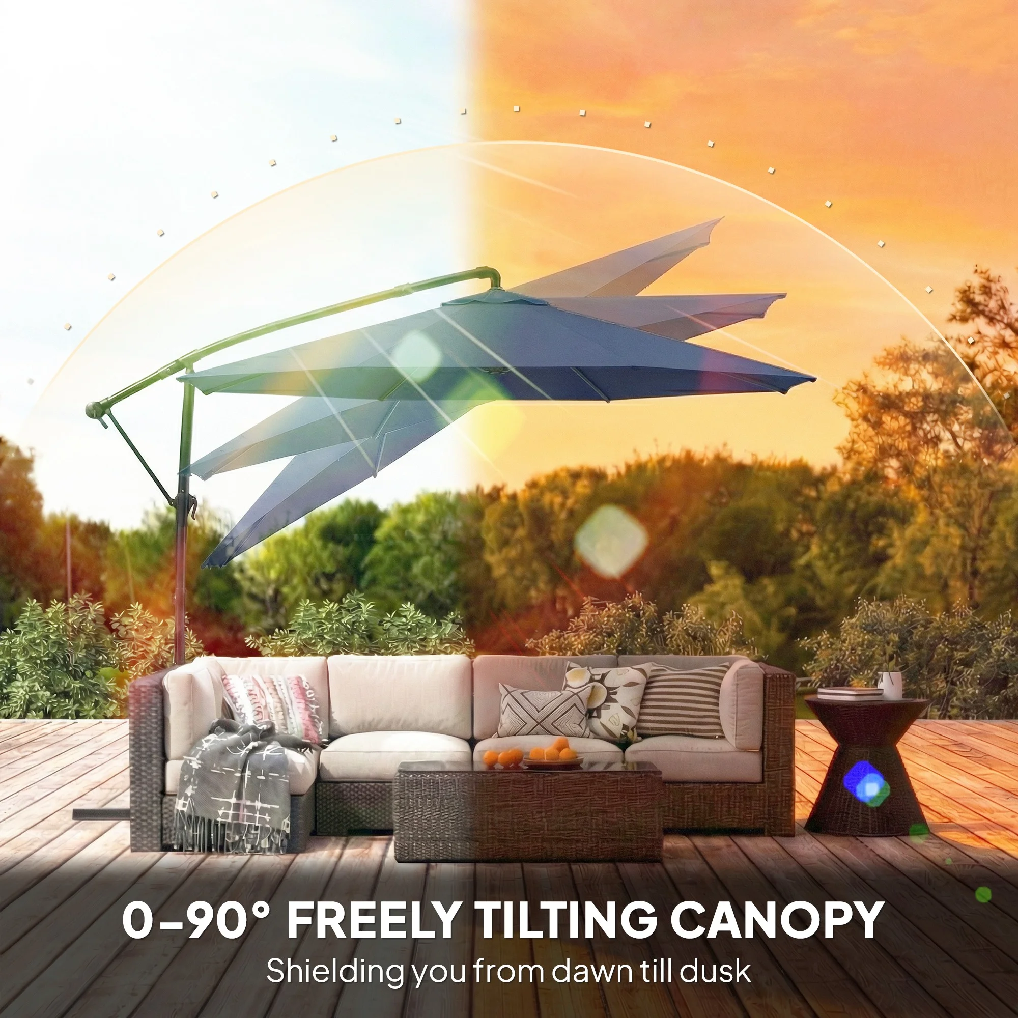 10 ft Ausleger-Sonnenschirm mit Abdeckung, 360° Drehung, Kurbel, Neigung, Mar... – Bild 3