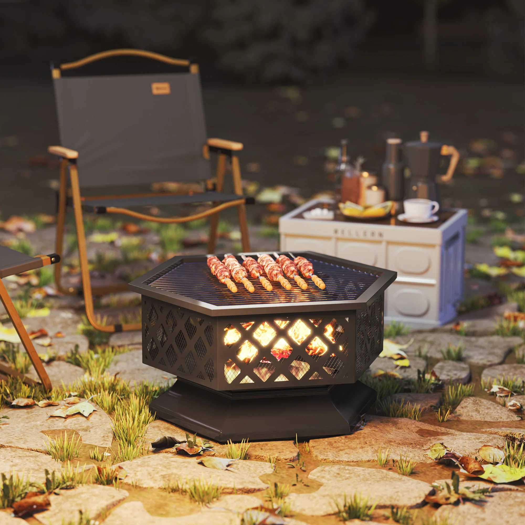 CampGlut Feuerstelle für Camping, mit Gitter zum Grillen.