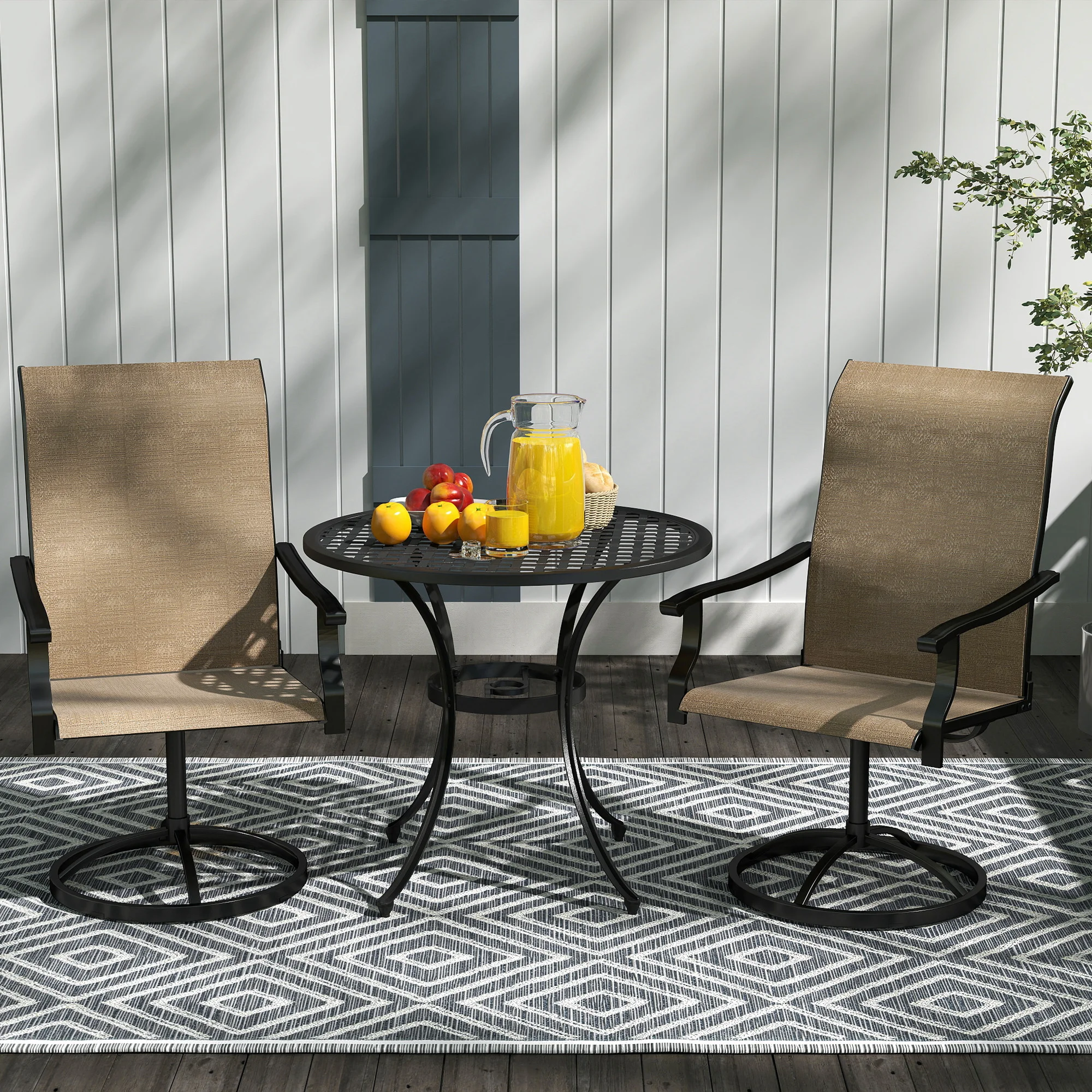 CampGlut Drehstuhl-Set für Terrasse, braunes Mesh und hohe Rückenlehne.