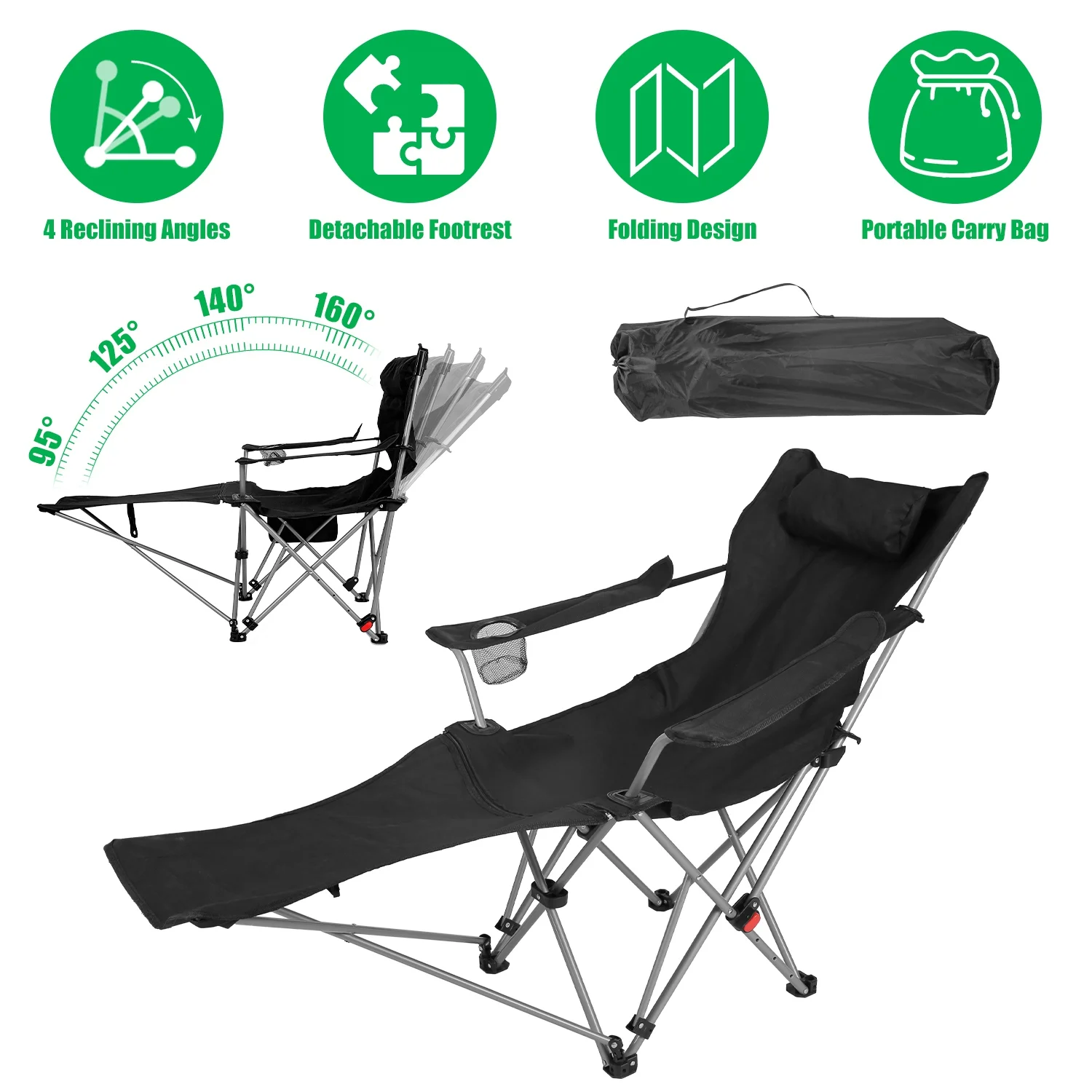 CampGlut Liegestuhl mit Fussstuetze, 4-fach verstellbar, Outdoor.