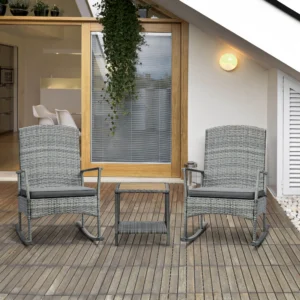 CampGlut 3-teiliges PE-Rattan-Schaukelstuhl-Set, grau für Outdoor.