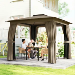10 x 10 Außenpavillon, Weichdach mit Vorhängen, Netz, Stahlrahmen, Haken, Khaki