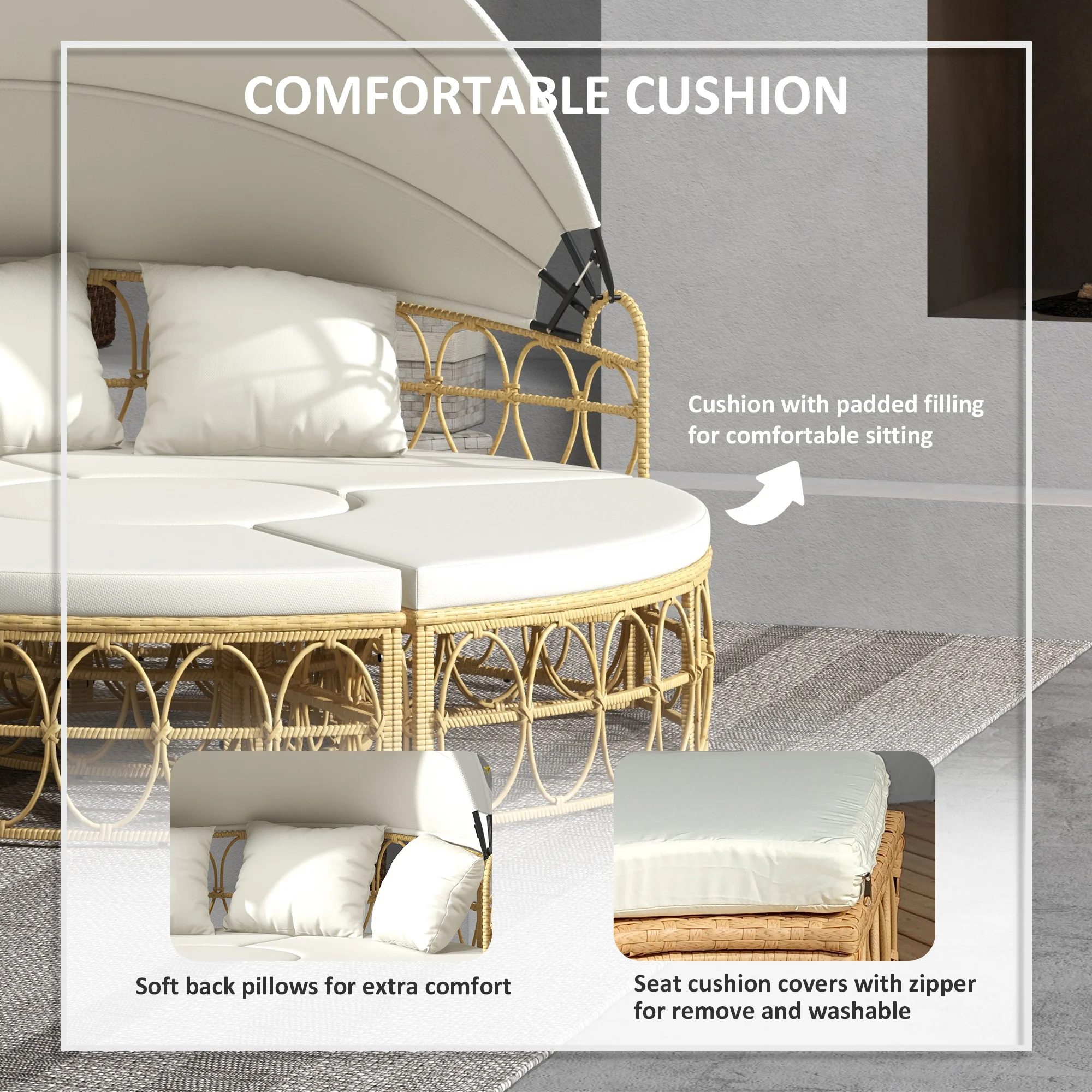Terrassenmöbel-Set, rundes Tagesbett mit einziehbarem Sonnendach, PE-Rattan-S... – Bild 6