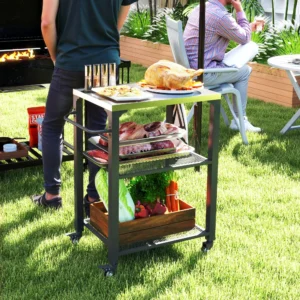 3-stöckiger Outdoor-Grillwagen mit Edelstahl-Tischplatte, beweglicher Pizzaof...