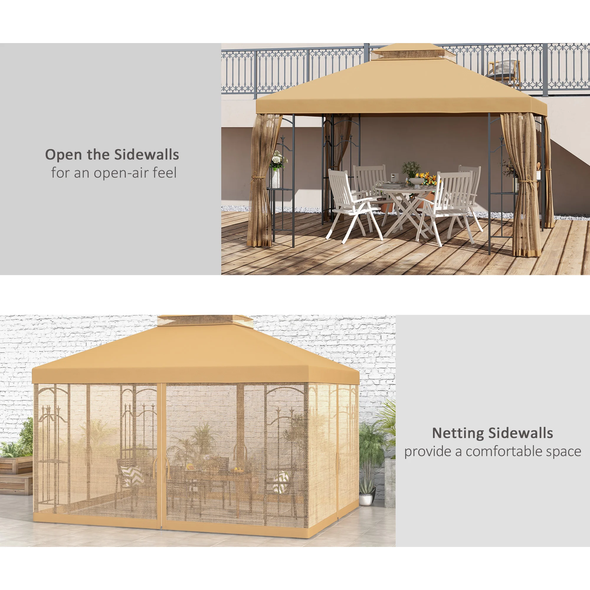 10 x 12 Terrassenpavillon mit Eckregalen, Doppeldach, Netzschutz, Braun – Bild 7