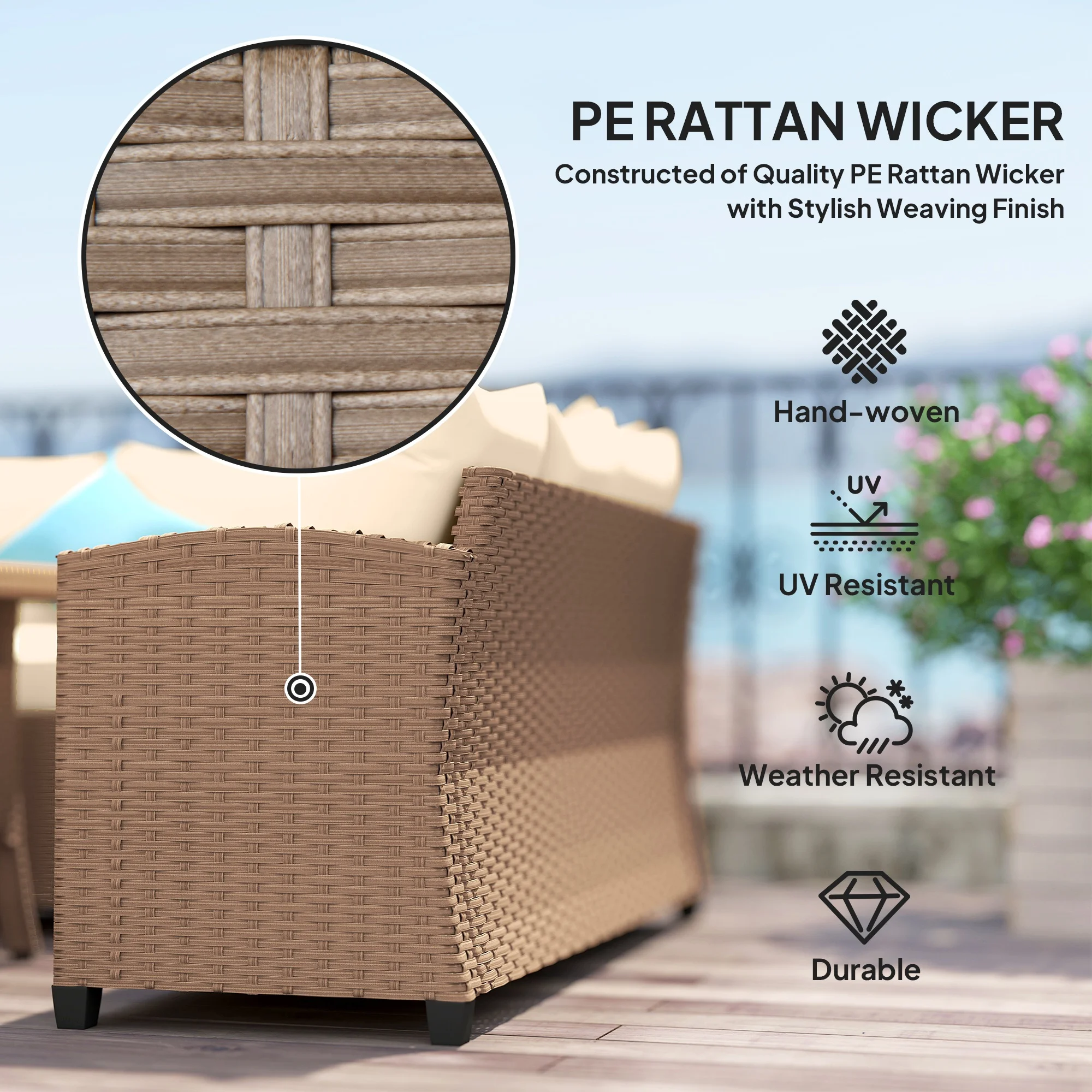 6-teiliges Polyrattan-Gartenmöbel-Set mit 3 Sofas, 2 Hockern und WPC-Esstisch... – Bild 5