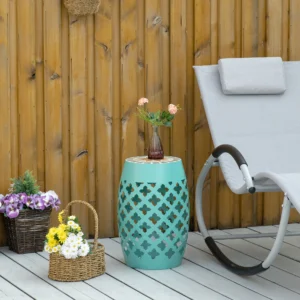 CampGlut runder Outdoor-Hocker 30cm mit Mosaik-Pflanzendekor.