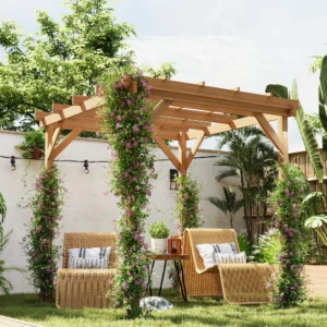 CampGlut 6.6x6.6m Holzpergola in Dunkelbraun fuer Kletterpflanzen im Garten.