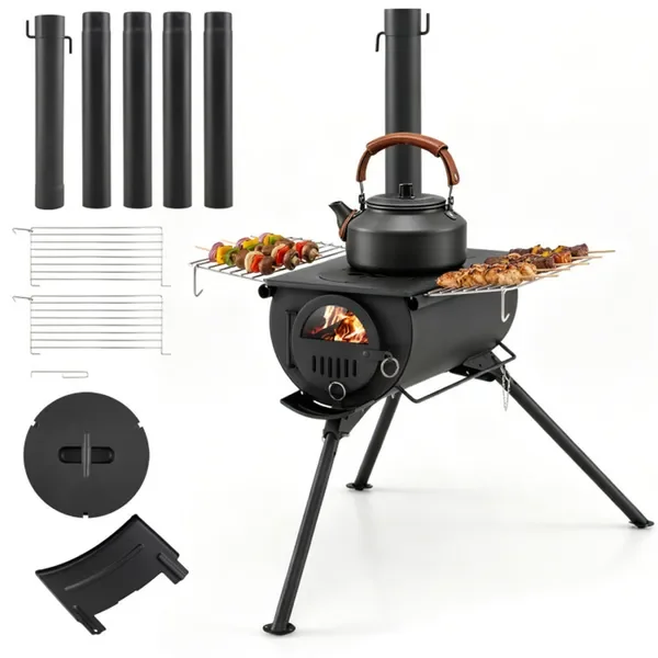 Portable folding wood stove for tents with 5-piece chimney, carbon steel... - Image 6