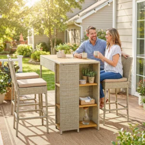 5-teiliges Outdoor-Bar-Set aus Rattan, Akazienholz-Hochtisch mit 3 Ablagen, S...