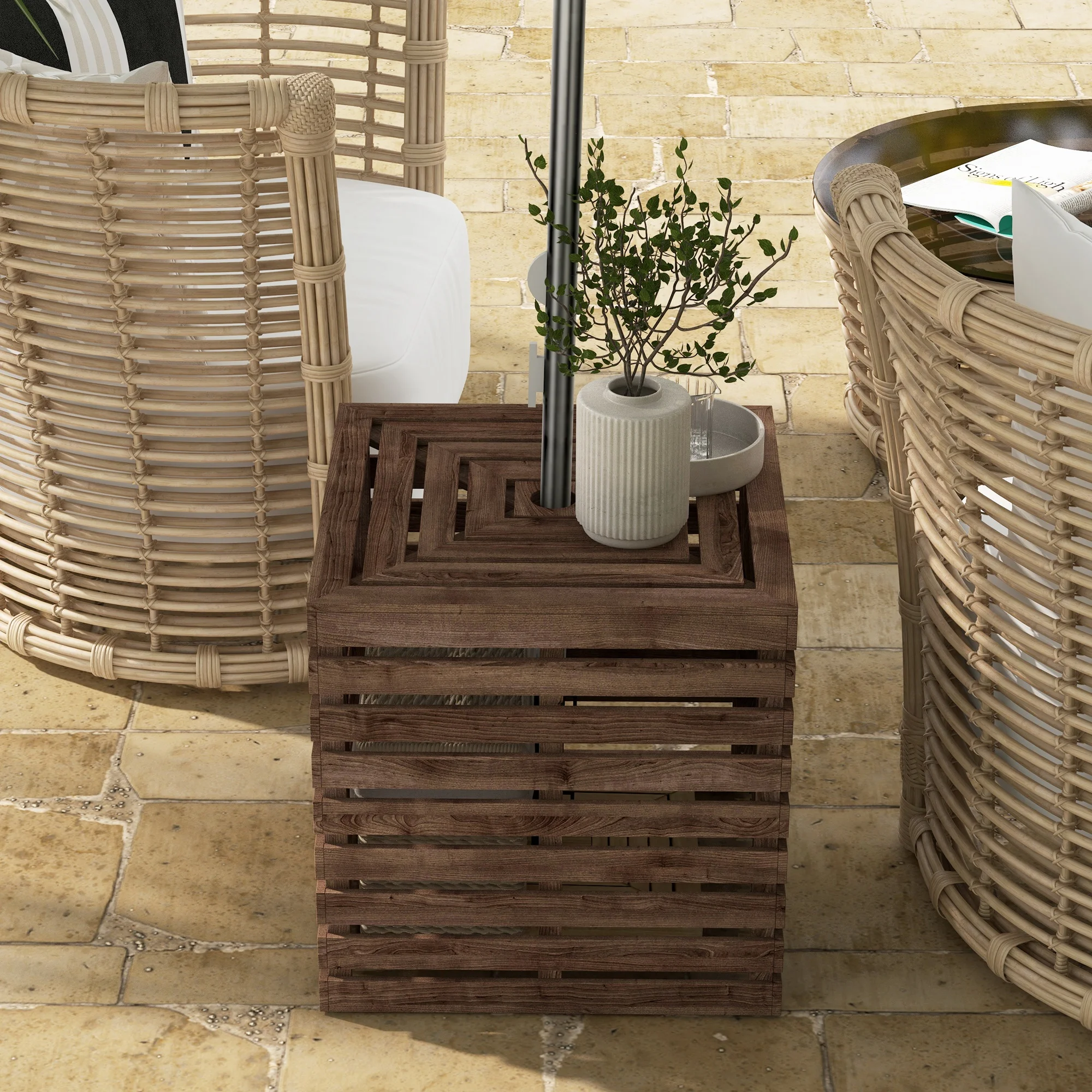 2-in-1 Outdoor Schirmständer Aufbewahrungsbox, Holz Gartentisch, Braun – Bild 5