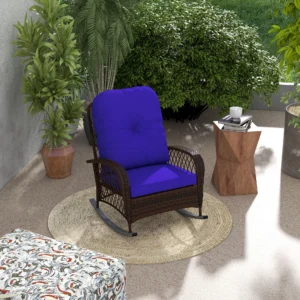 Rattan-Schaukelstuhl für die Veranda mit Plüschkissen, Dunkelblau
