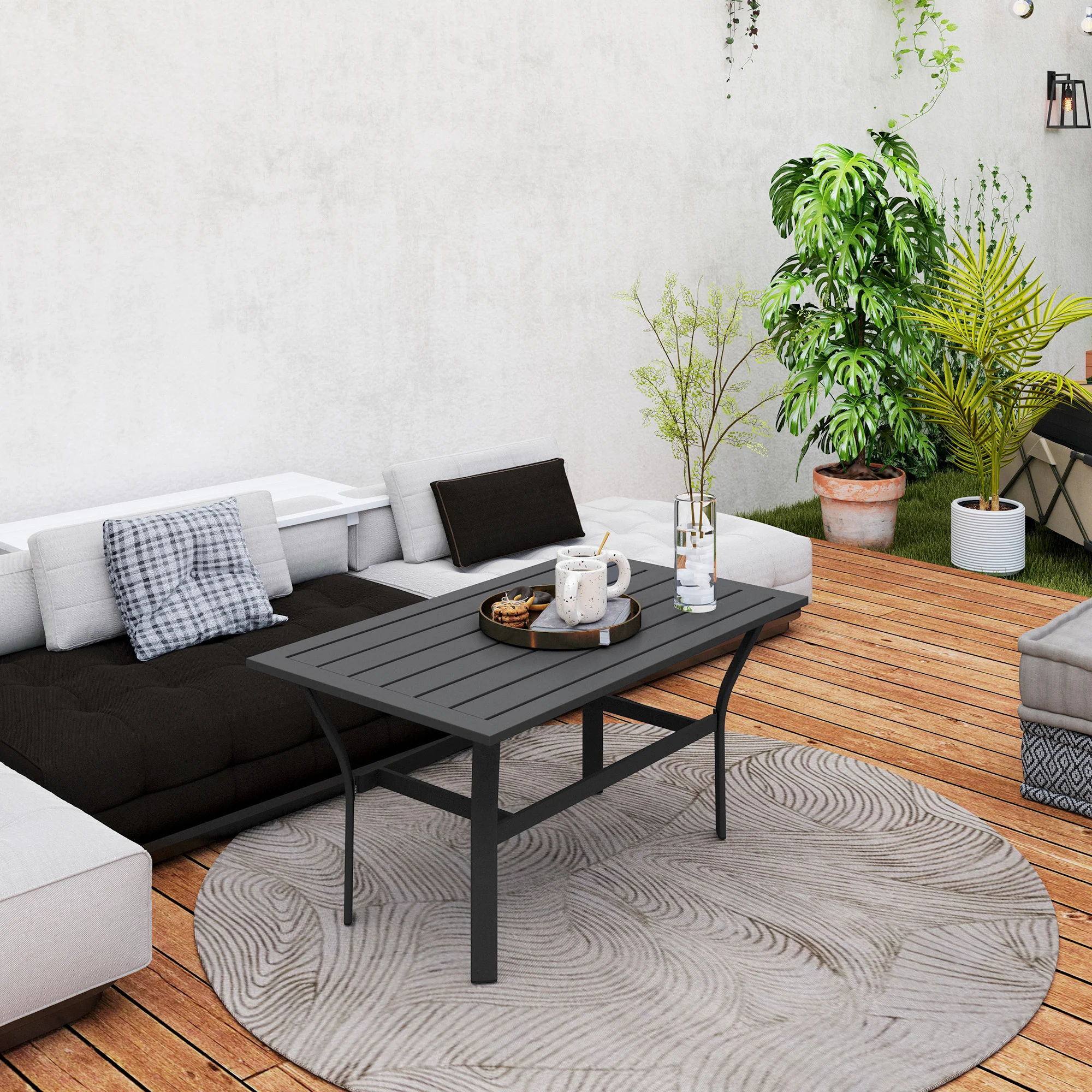 Mesa de centro para exteriores con tablero de lamas, mesa de centro metálica rectangular para jardín... - Image 5