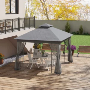 CampGlut 10x11,5m Metall-Pavillon mit Doppeldach und Baummotiven in Grau.