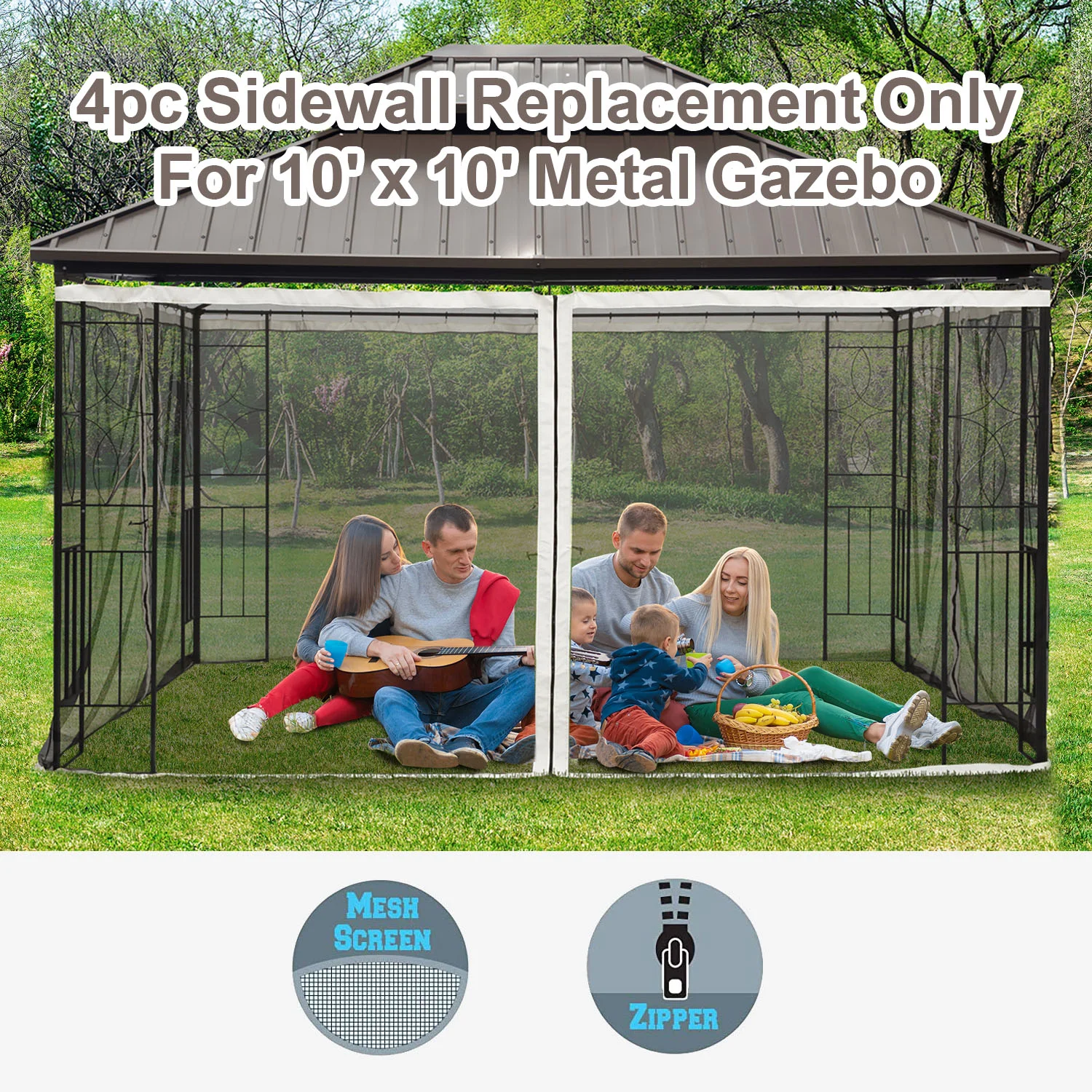 10x10 Replacement Side Wall Mesh with Zipper for Pavilions and Tents, Black - Imagen 2