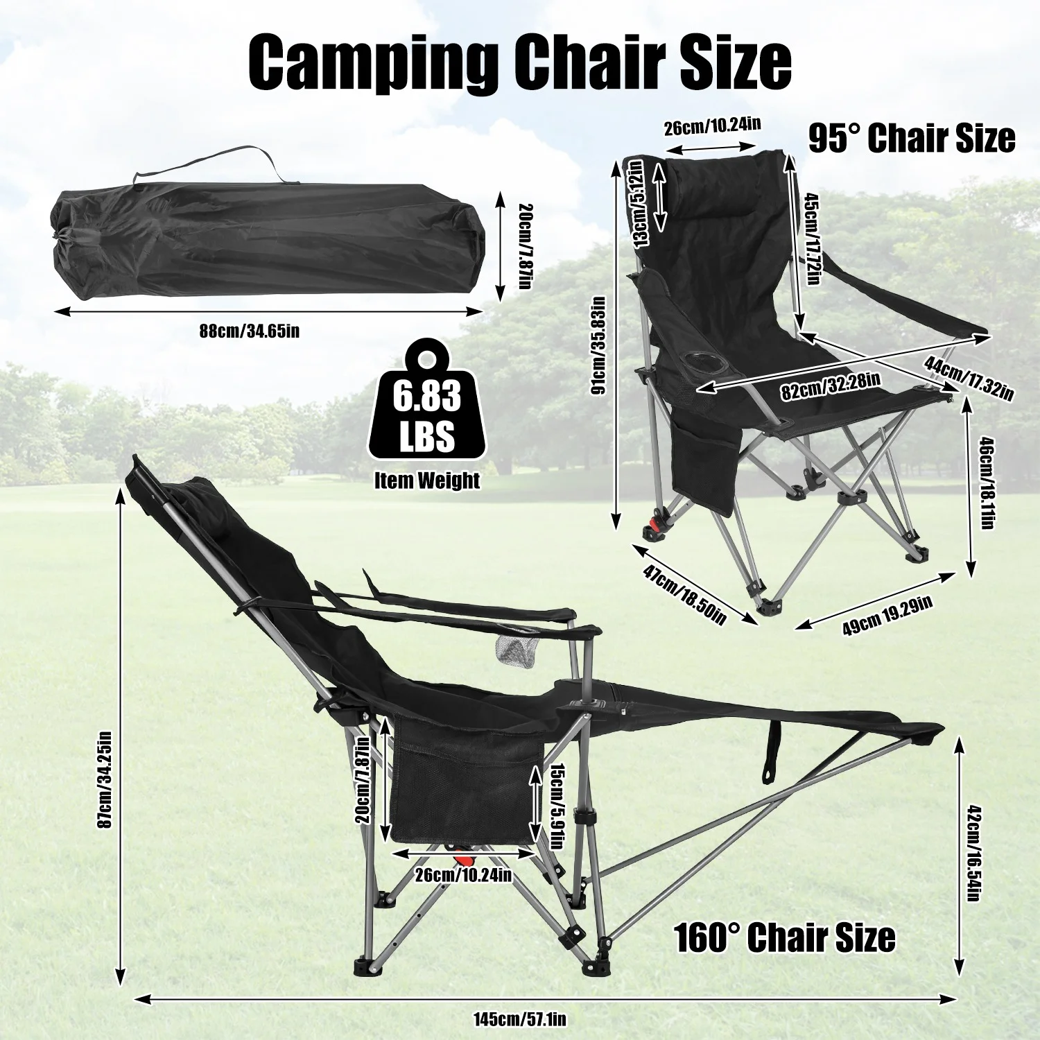 CampGlut Outdoorstuhl mit Fußstütze.