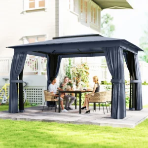 10 x 12 Outdoor Pavilion, soft roof with curtains, net, steel frame, hooks, blue