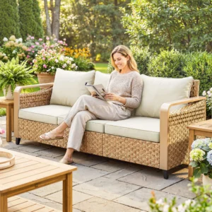 Canapé en rotin 3 places avec coussins pour jardin terrasse Beige