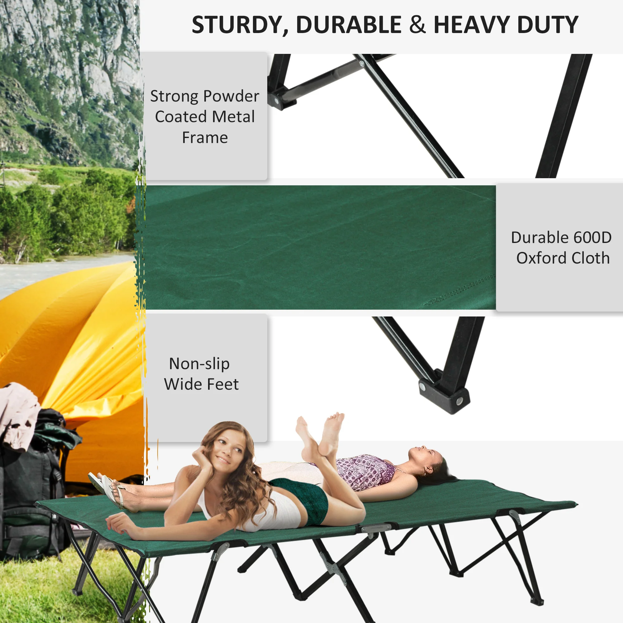 2-Person Folding Camp Bed for Adults, 127 cm Wide, with Carry Bag, Green – Image 3