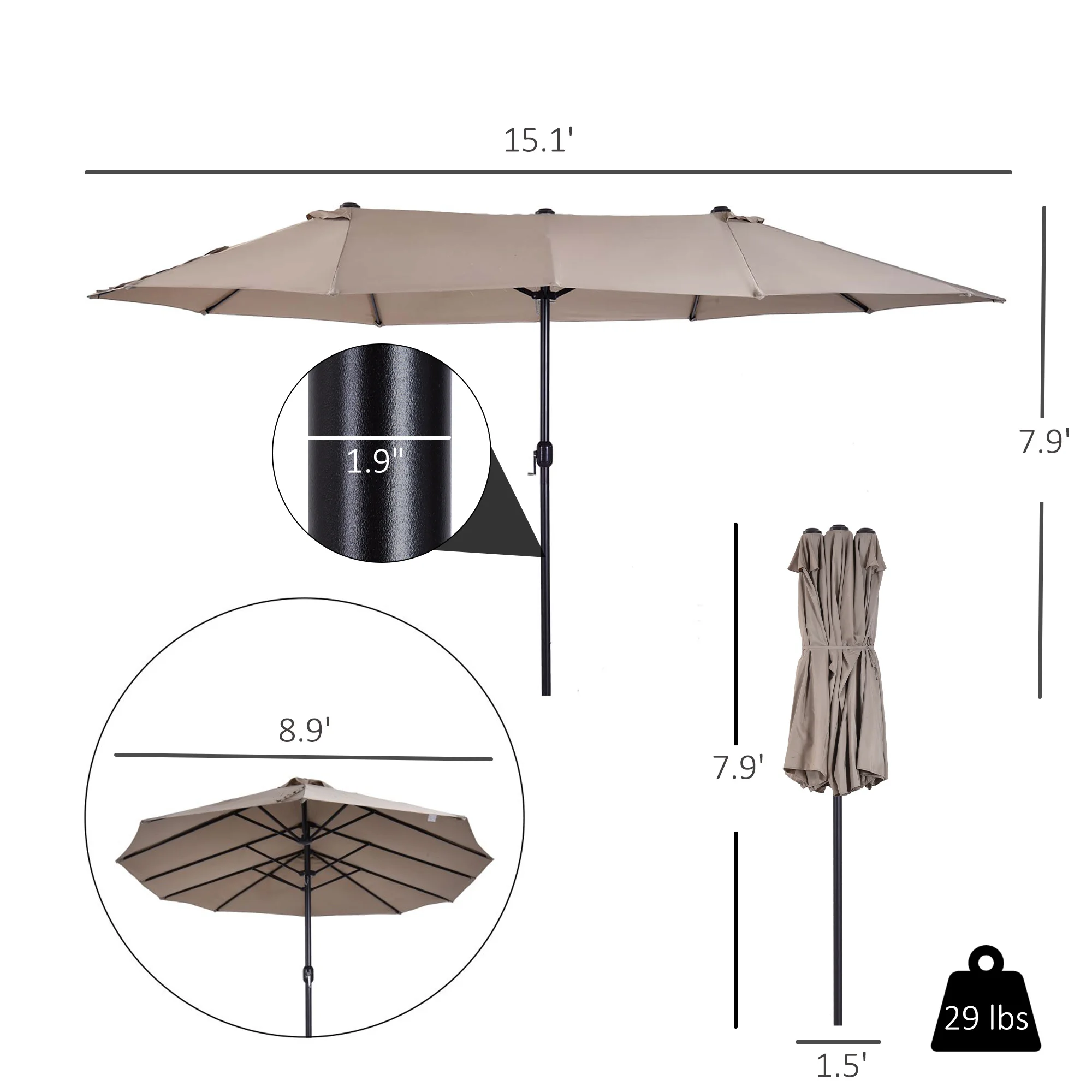 15ft Doppelseitiger Sonnenschirm, Kurbel, für Terrasse, Rasen, Garten & Pool,... – Bild 2