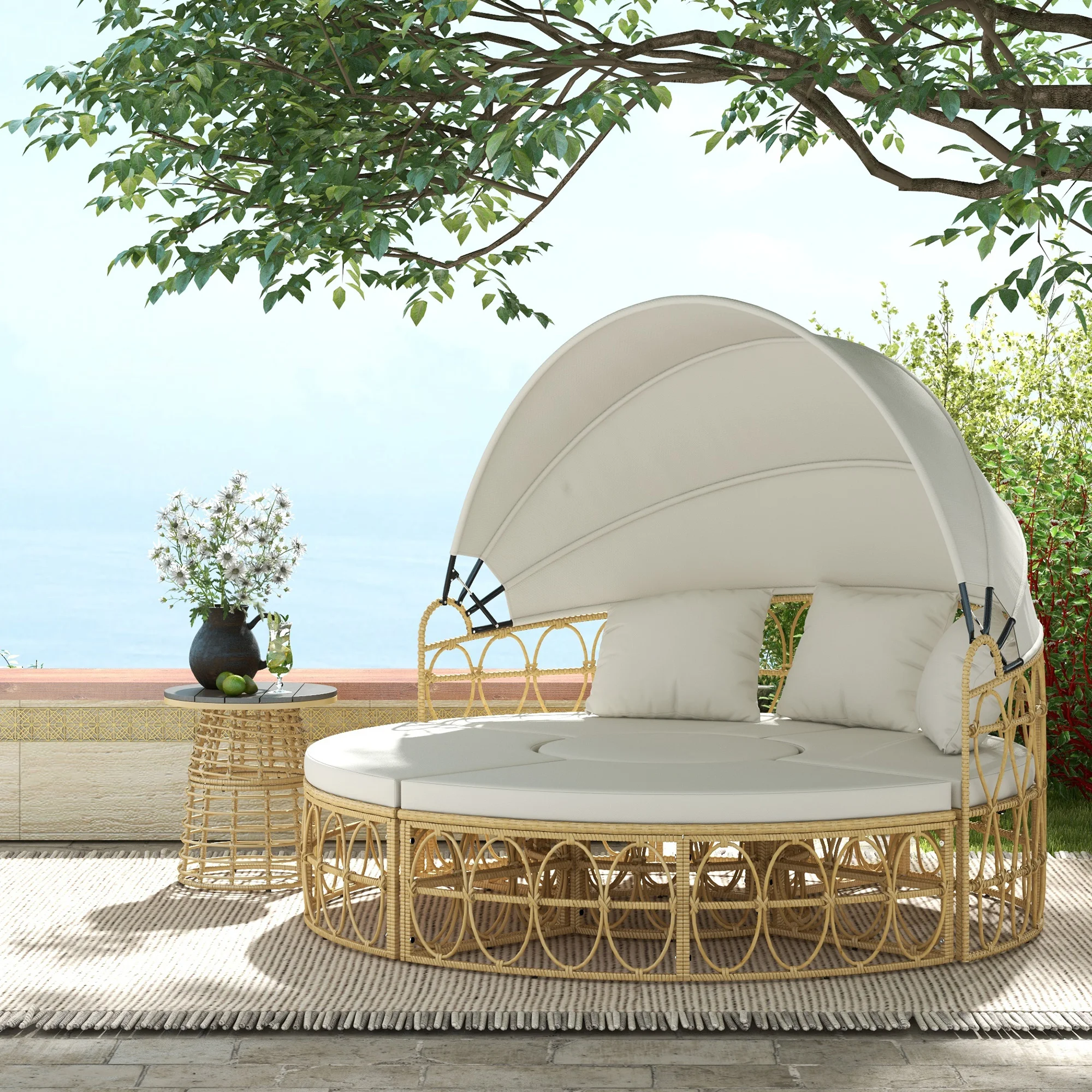 Terrassenmöbel-Set, rundes Tagesbett mit einziehbarem Sonnendach, PE-Rattan-S...