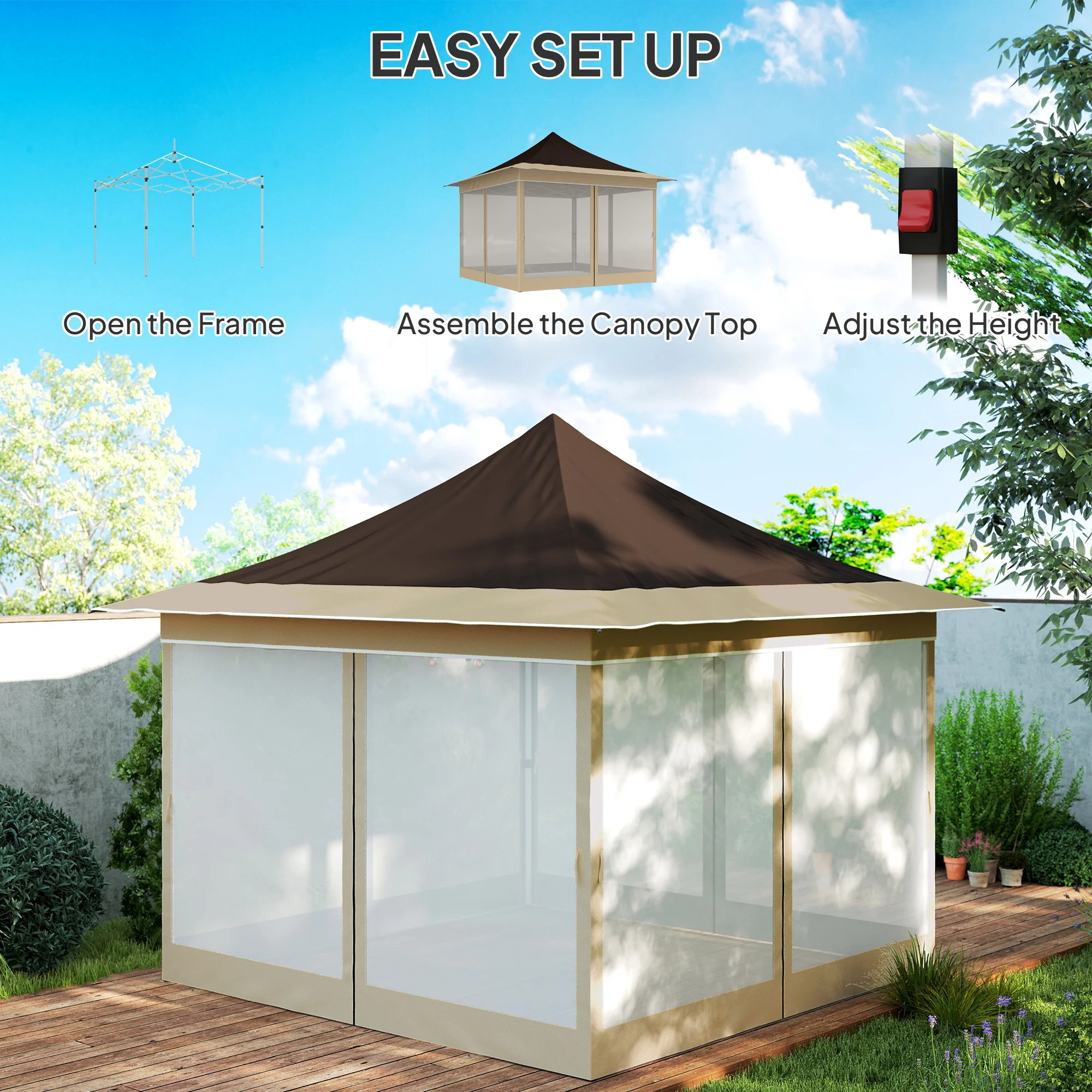 12 x 12 ft. Garden Gazebo with Mosquito Net, UPF50+, Includes Carry Bag, Brown - Imagen 2