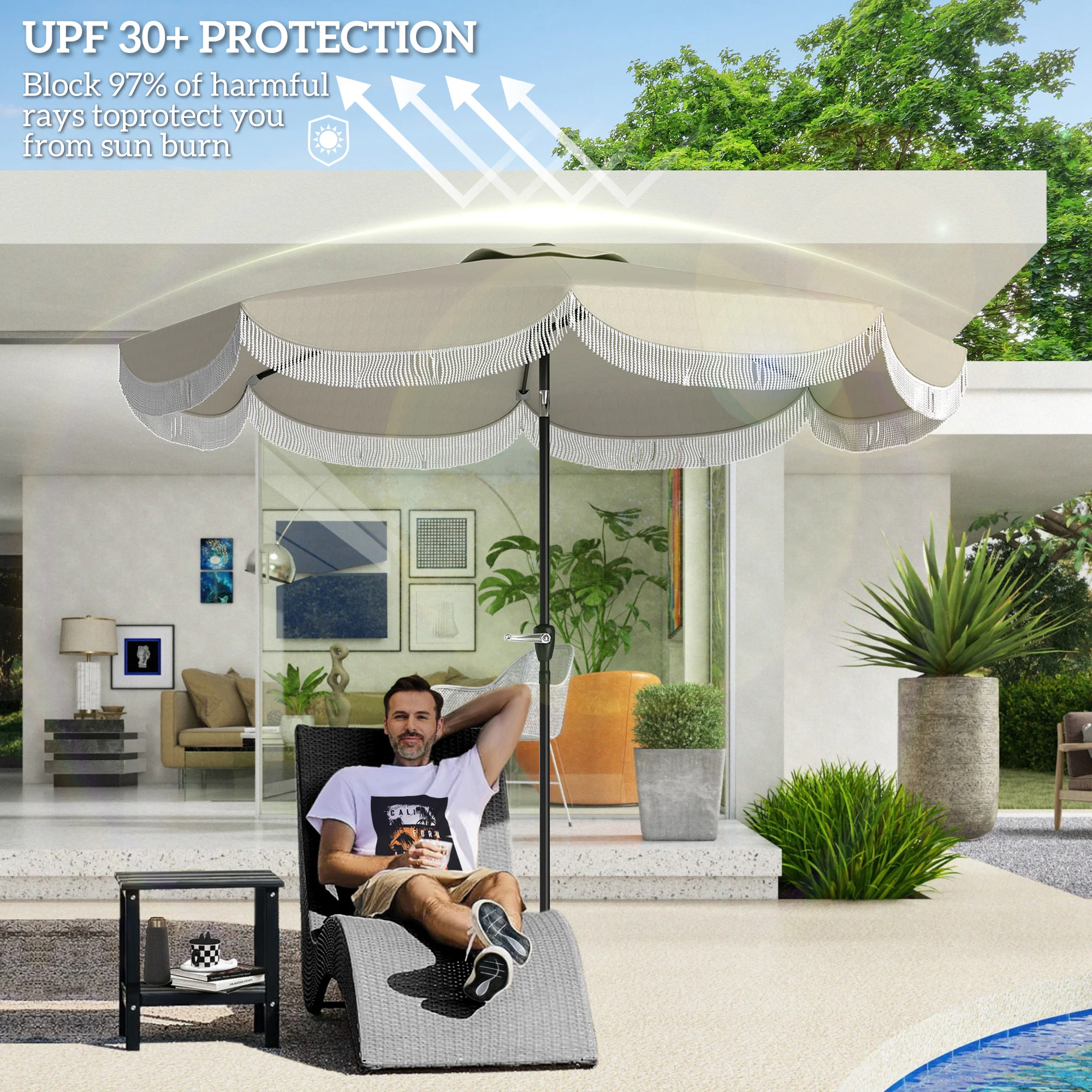 9FT Terrassenschirm, UPF 30+, Kurbel, 8 Rippen, Kippfunktion, belüftet, hellgrau – Bild 2