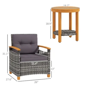 Outdoor Bistro-Set aus Rattan mit Polstern für Terrasse, Garten, Grau