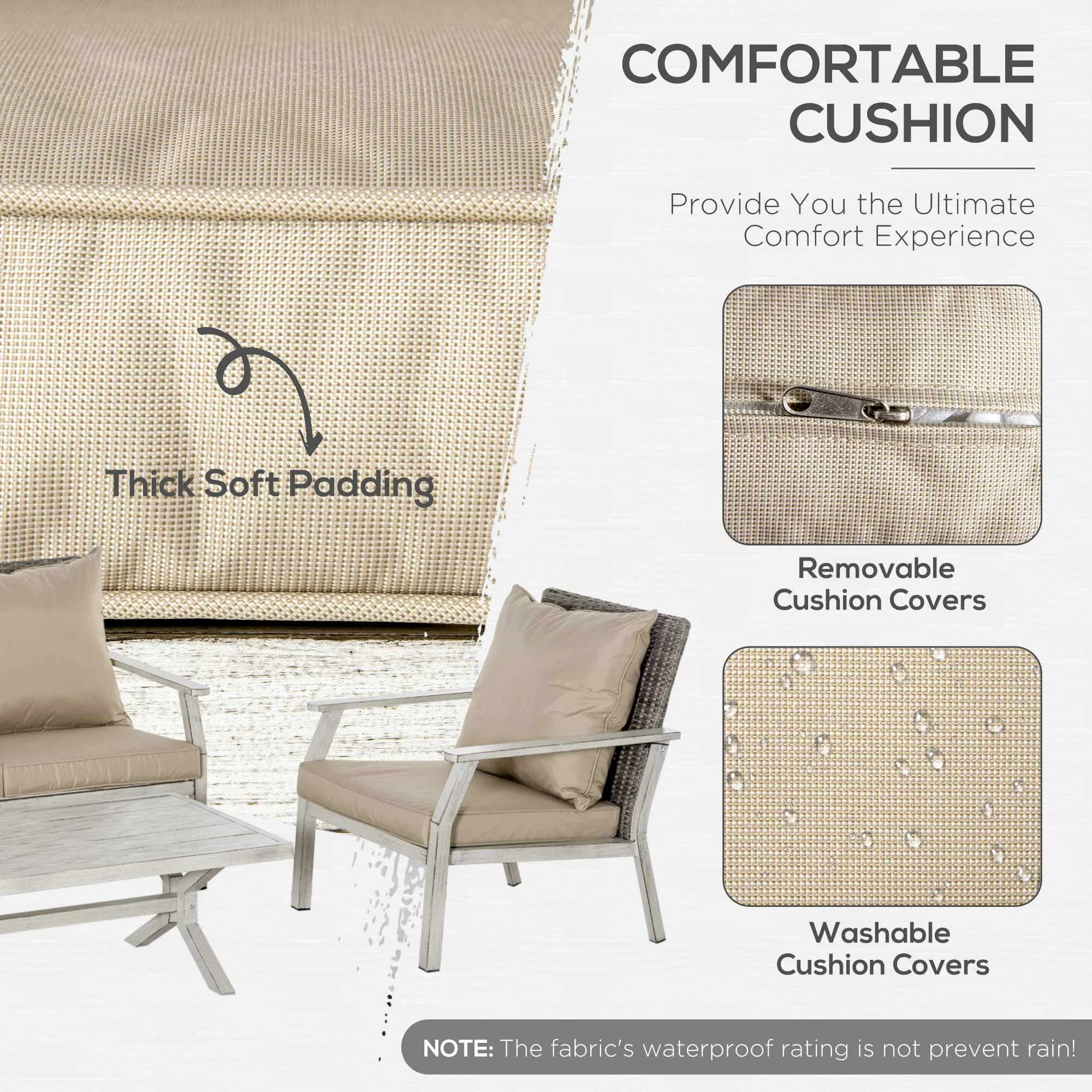 4-teiliges Polyrattan-Sofa-Set mit Kissen, Alurahmen, beige – Bild 7