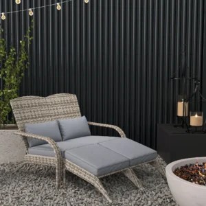PE Rattan Doppel-Liegestuhl mit Kissen & Fußstützen, grau