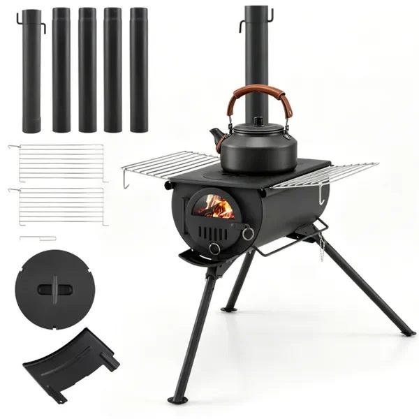 Portable folding wood stove for tents with 5-piece chimney, carbon steel... - Image 3