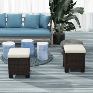 2 Piece Wicker Outdoor Ottomans with Cushions