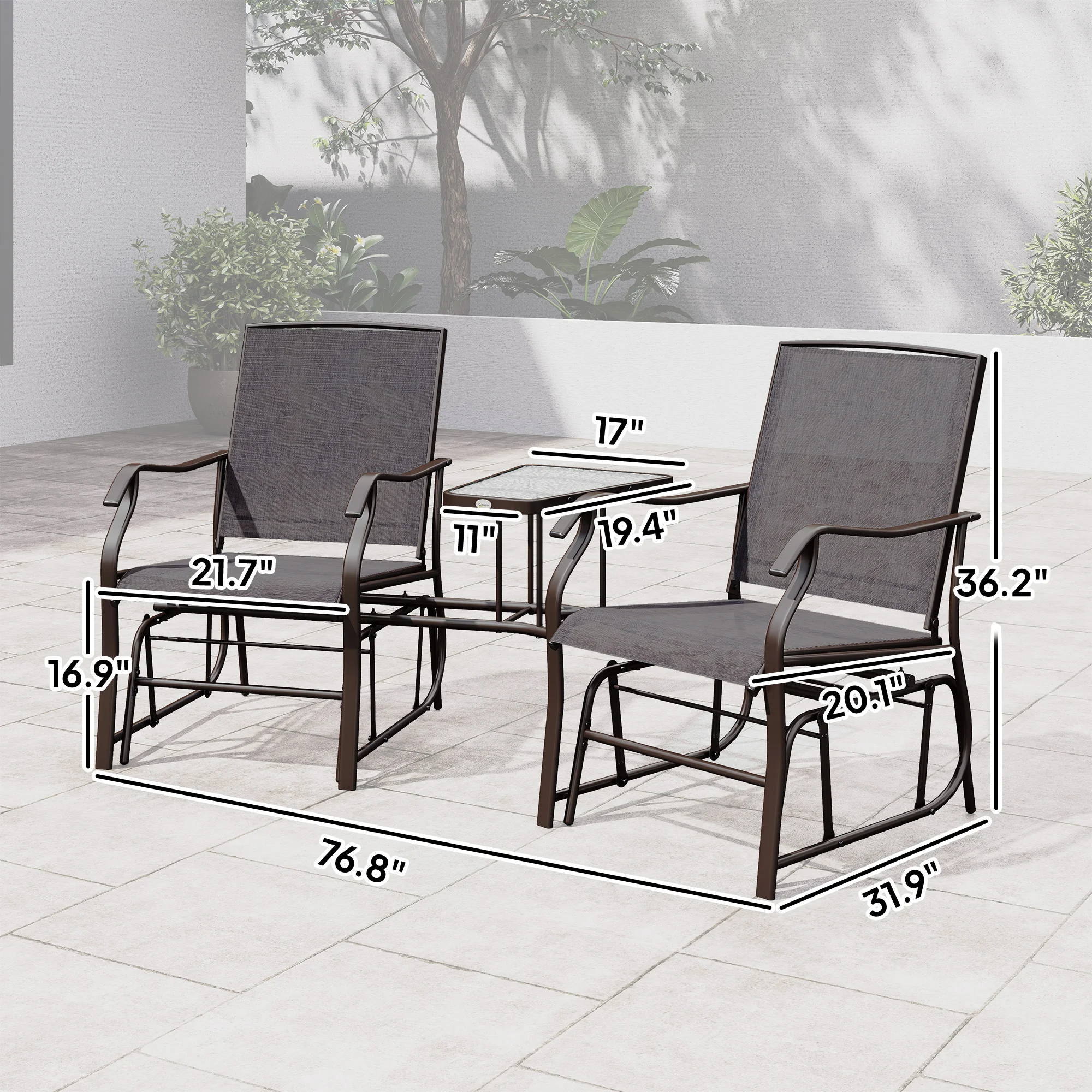 Garden Rocking Chair Set with Coffee Table, 2-Seater, Gray - Image 7