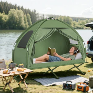 CampGlut Camping Cot Tent für eine Person mit erhöhter Liegefläche.