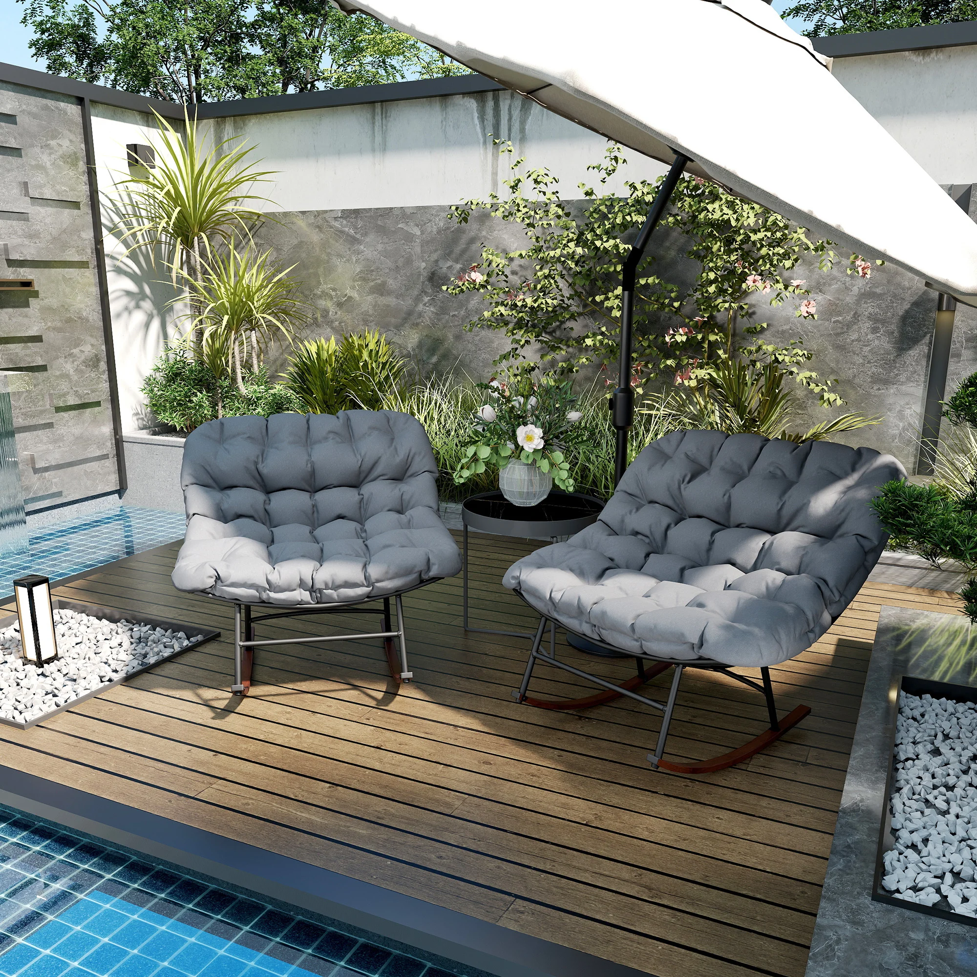 Garten-Set aus 2 überdimensionierten Schaukel-Papasan-Stühlen mit Polstern, 1... – Bild 2