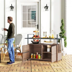 2-stöckiges PE-Rattan-Bartisch-Set mit Glasplatte und Schrank, Mix-Braun