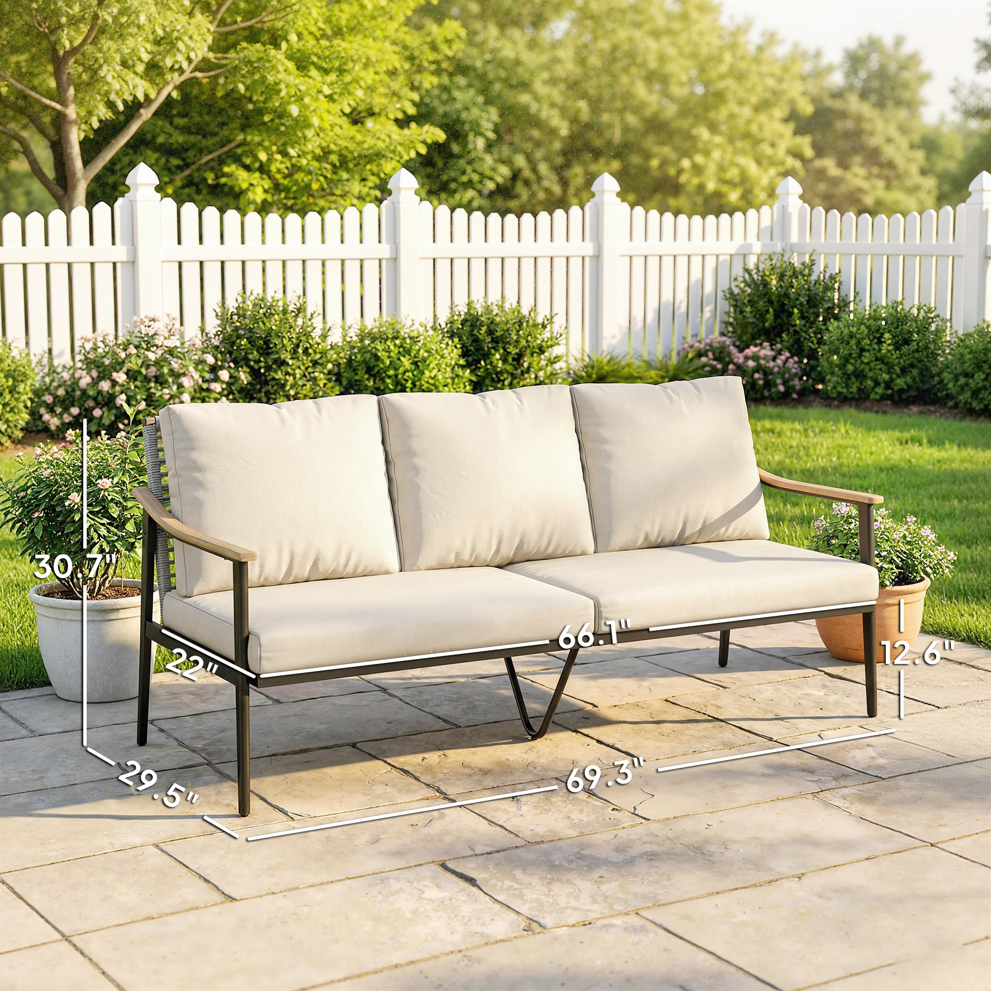 3-Sitzer Outdoor-Sofa mit Holzarmlehnen, Rattanrückenlehne, Kissen, Khaki – Bild 8