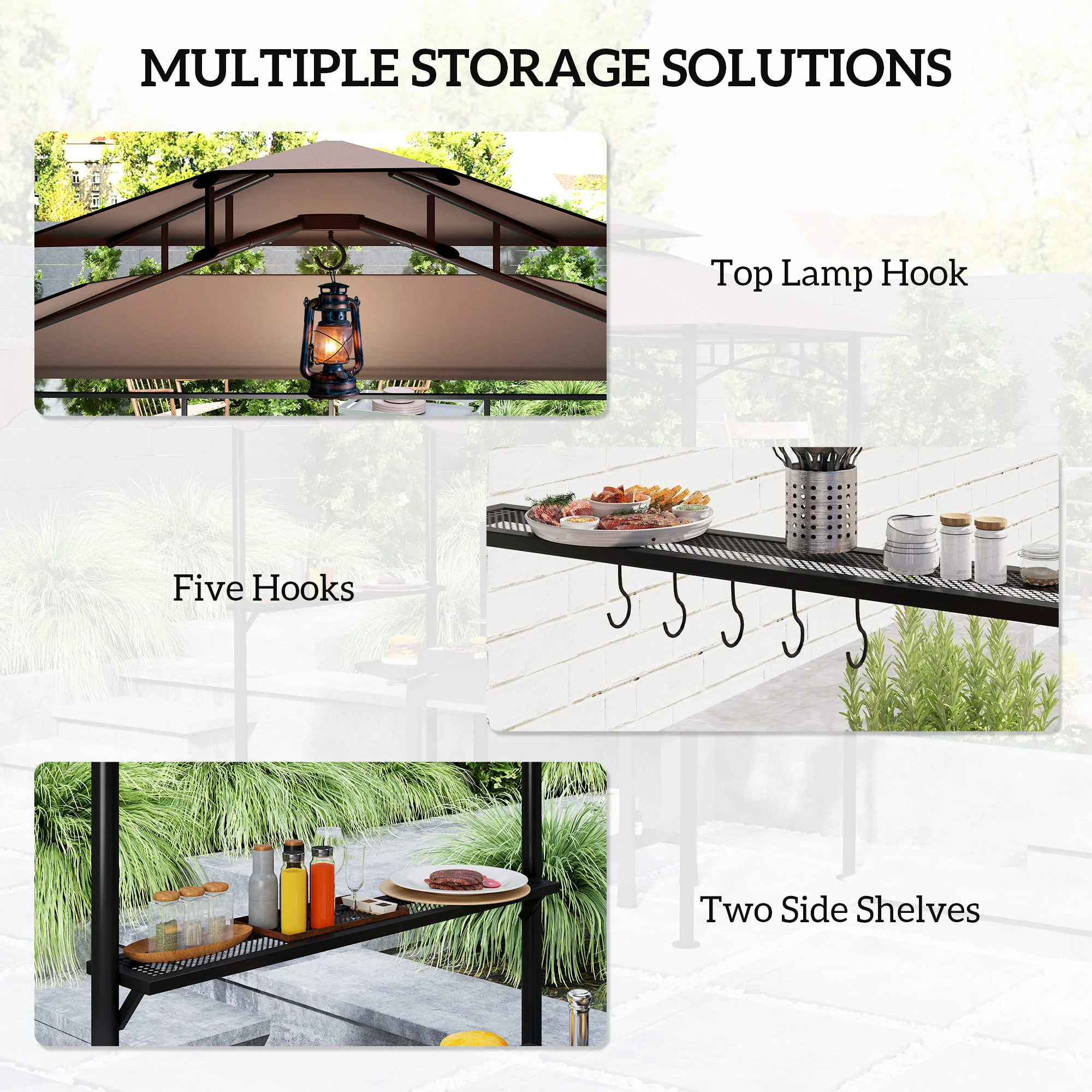 8 x 7,6 m Outdoor Grillpavillon mit Seitenmarkise, 2 Ablagen und 6 Haken, Braun – Bild 4